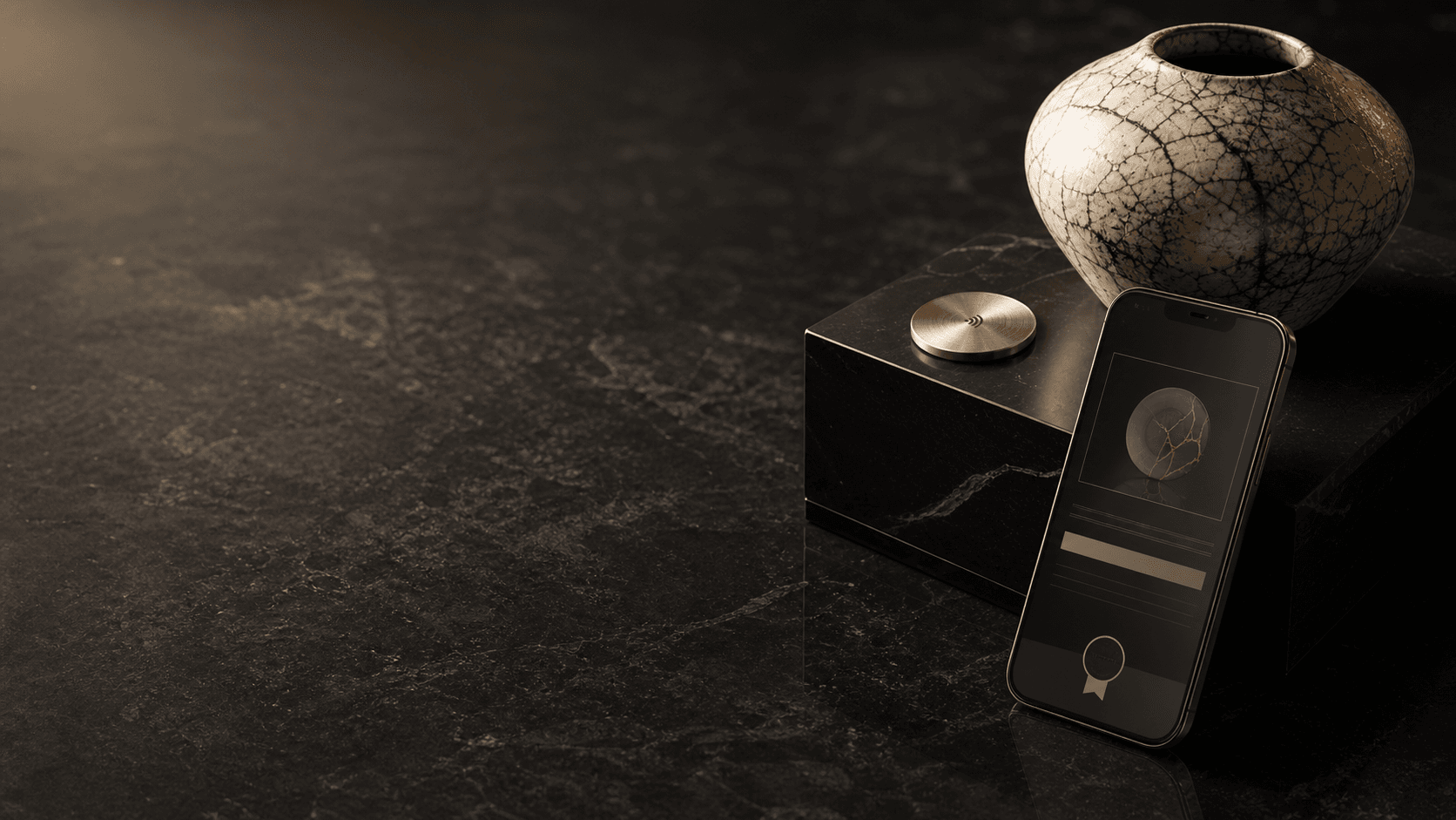 A premium object, NFC tag, and digital certificate in a dark gallery setting.